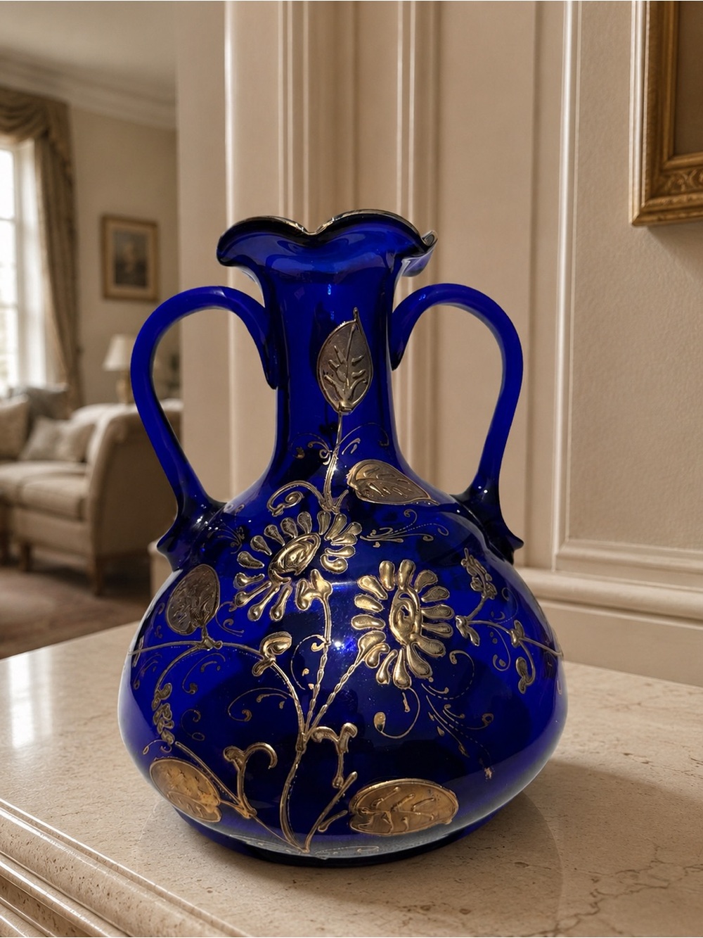 Cobalt Blue Double-Handled Decorative Vase with Gold Floral Accents